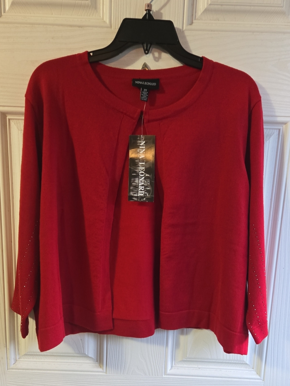Nina Leonard Red Open-Front Knit Cardigan with Sleeve Embellishments
